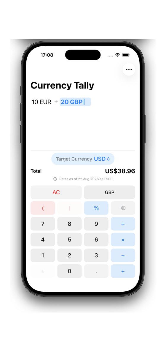 Currency Tally adding 10 EUR and 20 GBP, converted to USD