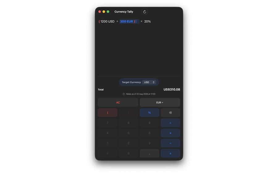 Currency Tally on Mac showing the same bracketed expression